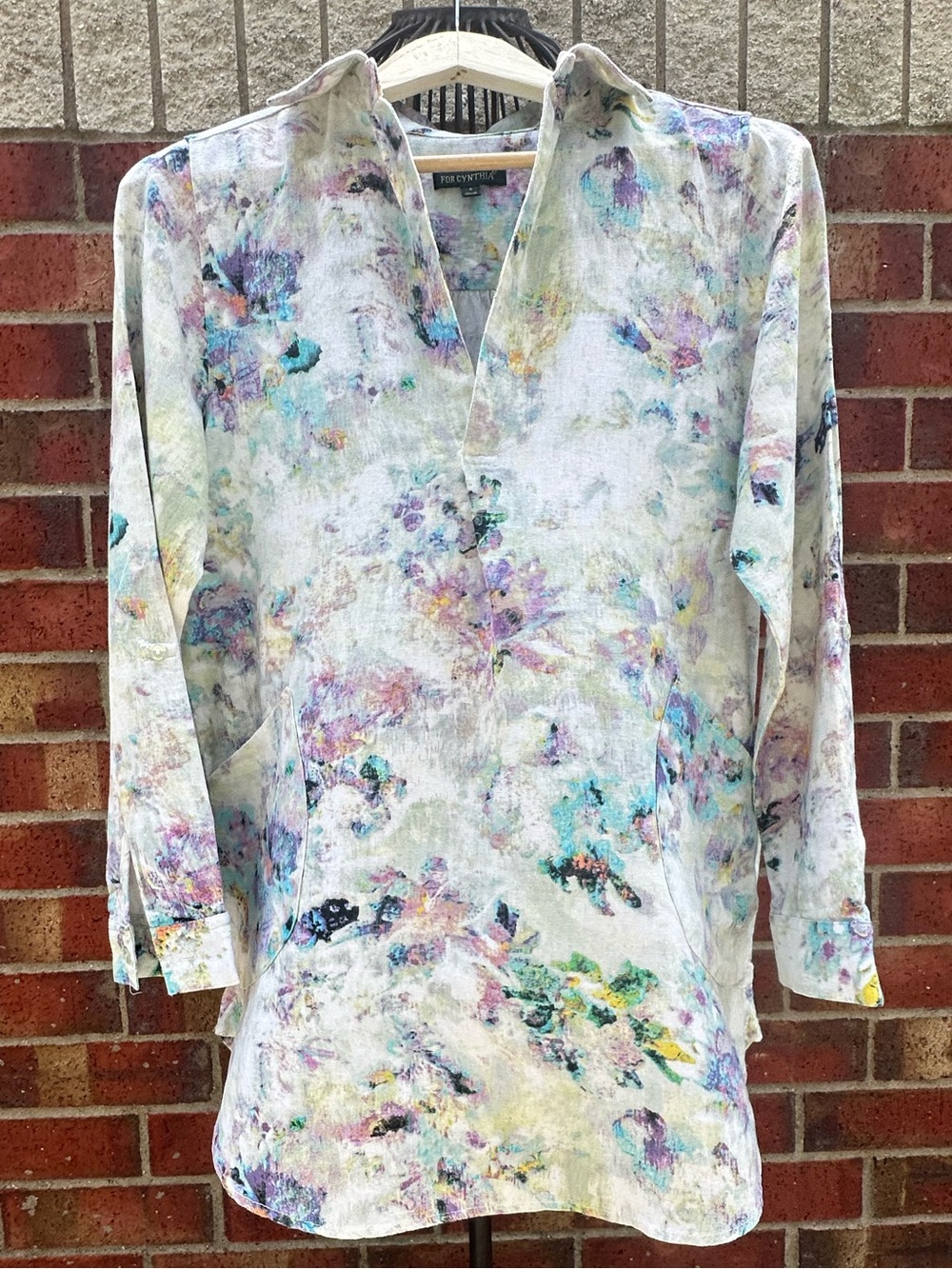 For Cynthia Linen Blend Watercolor Tunic Top Roll Tab Sleeves Coastal Artsy